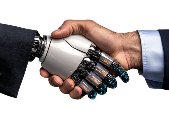 A human hand shakes a robotic hand signifying technological advancement and future collaboration in business, transparent background