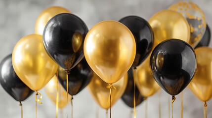 A festive bunch of gold and black balloons floating together against a blurred background scene indoors
