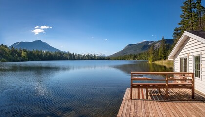 generic lakeside cabin with a generic wooden deck and serene lake with generic mountains in the background reflecting the sky and a clear sunny day the cabin features a white exterior and brown