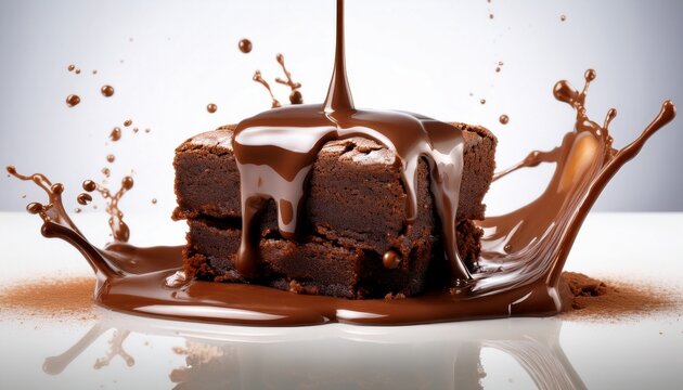 delicious chocolate brownie square is covered in rich flowing melted chocolate creating a captivating splash on a clean white background in this enticing image