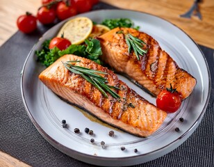 two perfectly grilled salmon steaks topped with fresh herbs and accompanied by roasted tomatoes create a delicious culinary display