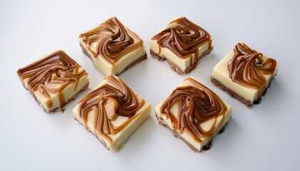 four squares of decadent white chocolate fudge are drizzled with dark chocolate and peanut butter caramel swirls on a clean white surface creating sweet temptation