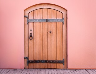 weathered wooden plank door with heavy iron hinges on a muted pink surface