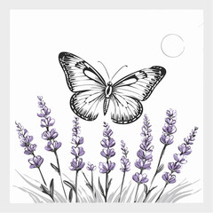 Butterfly on Lavender Flowers Enjoying Sunlight in a Natural Garden image vector.