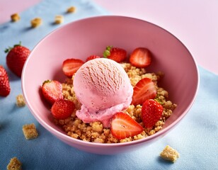 delicious strawberry ice cream with graham cracker crumble and fresh berries in a pink bowl