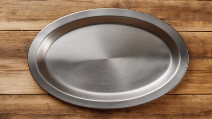 A top view of an empty oval shaped stainless steel tray on a rustic wooden surface in a studio setting