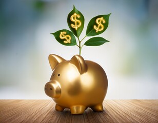 plant sprouting from a golden piggy bank with dollar sign leaves