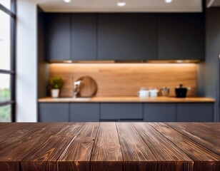 dark brown wooden table top in front of blurred modern kitchen