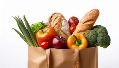 brown paper grocery bag filled with fresh vegetables fruits and bread on white background