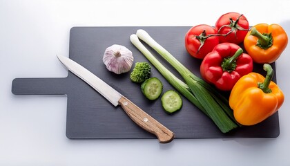 vegetables and knife on gray board on white background