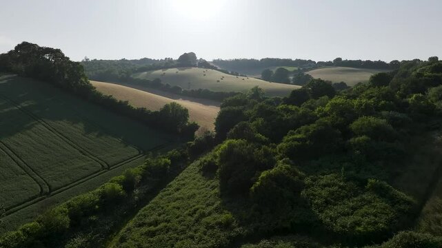 Lights and Shadows over Fields and Farms from a drone, Torquay, Devon, England, Europe