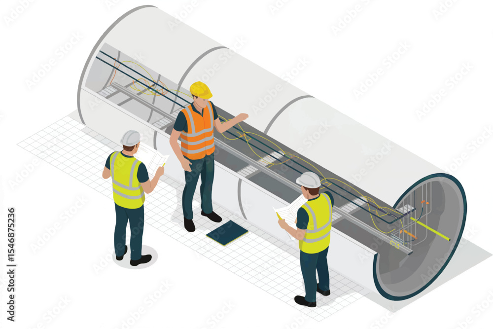 Aufkleber three engineers inspecting a large pipe section isometric view isolated on transparent background