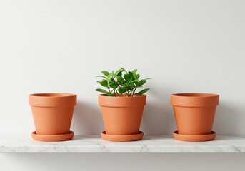 Terracotta Pots with Seedlings on Marble Shelf Minimalist Decor