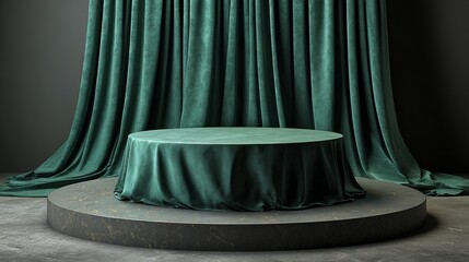 Round platform draped in green fabric with matching background curtains for product presentation use