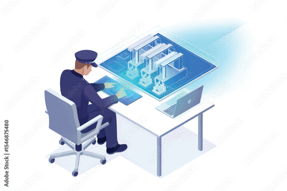 Aufkleber isometric illustration of a security officer monitoring factory automation system isolated on transp