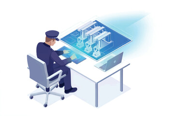 Isometric illustration of a security officer monitoring factory automation system isolated on transparent background