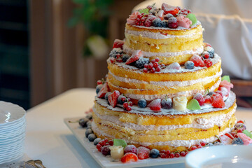 Selective focus focus of a wedding triple layer cake on the table with warm dimming light, Homemade...