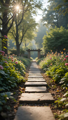 a garden pathway with stones or bricks.