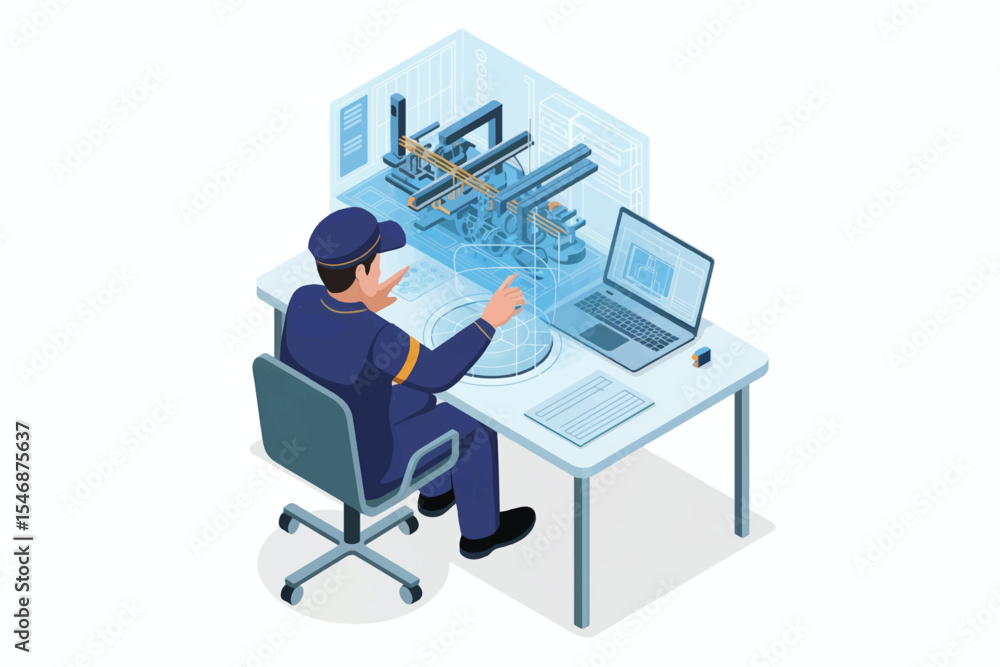Aufkleber isometric illustration of a man working with a 3d model of a machine isolated on transparent backgro