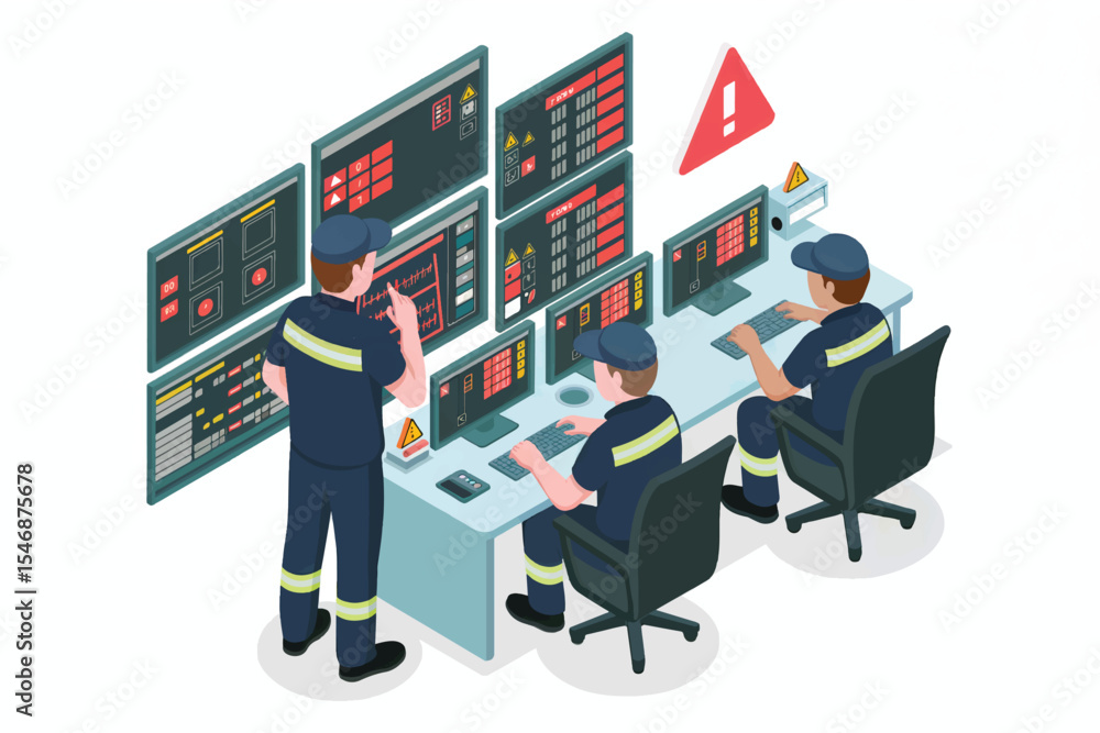 Aufkleber isometric illustration of control room operators with multiple screens and alert isolated on transpa