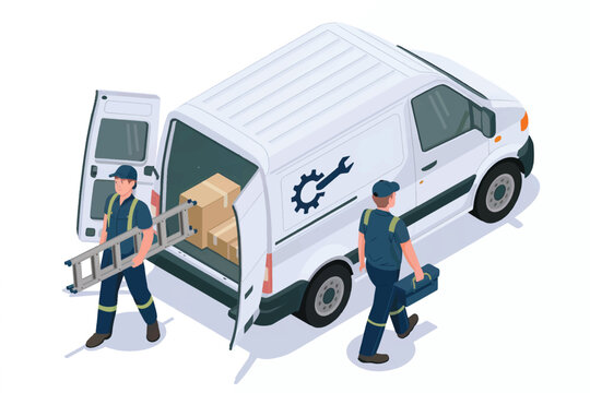 Two repairmen unloading a service van isometric illustration isolated on transparent background