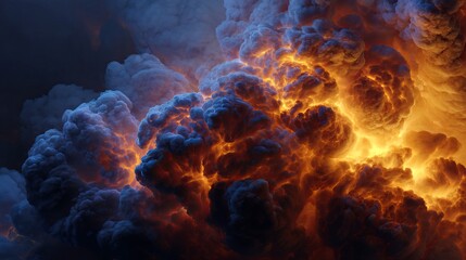 Fototapeta premium A large cloud of smoke and fire billowing upwards with dark blue and orange hues in the background