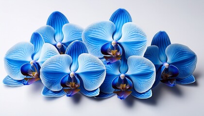 blue orchid blossoms displayed on a white surface