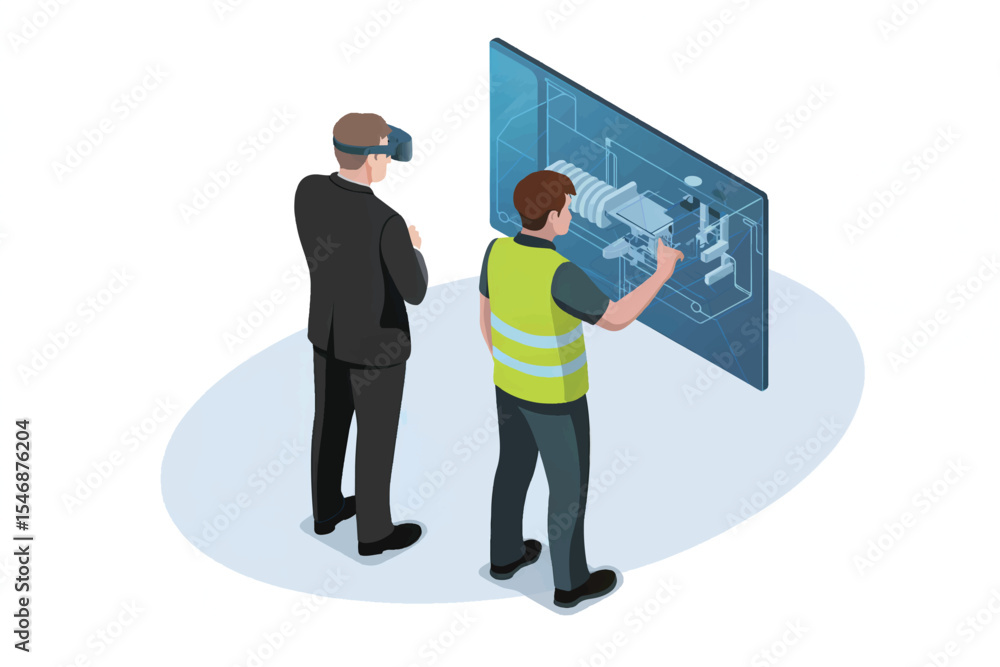 Aufkleber isometric illustration of two men using augmented reality for engineering design review isolated on 