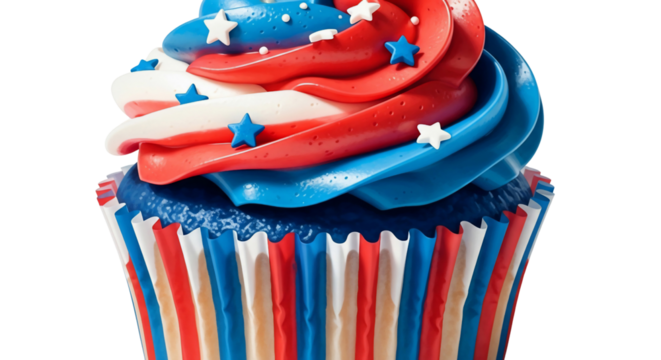 Vibrant patriotic cupcake featuring red, white, and blue swirled frosting, adorned with star sprinkles, isolated on a clean white background. Ideal for American celebrations, 4th of July festivities