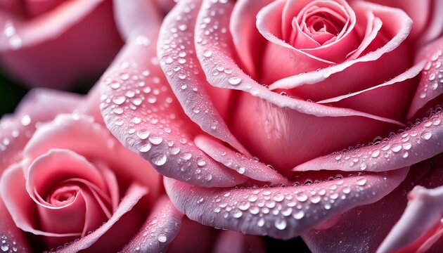 beautiful dew on petals of pink roses close up macro lens shot