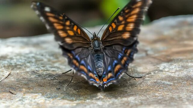 Colorful butterfly rests on a rock with wings spread