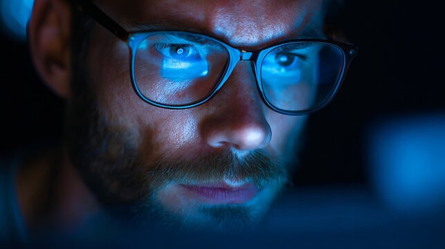 Close up of a man with glasses and a beard looking intently at a screen with blue light reflection