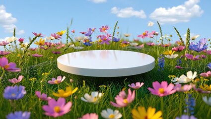 Spring Meadow Floral Display White Circular Product Showcase in Vibrant Wildflower Field