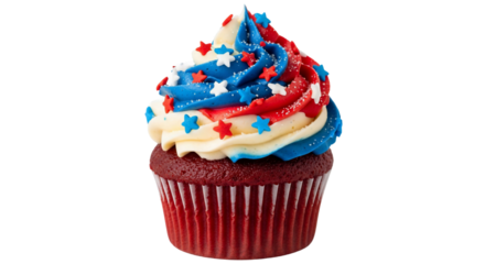 Vibrant red, white, and blue cupcake on a crisp white background. This festive dessert, adorned with patriotic star sprinkles, is perfect for American holiday celebrations like Fourth of July