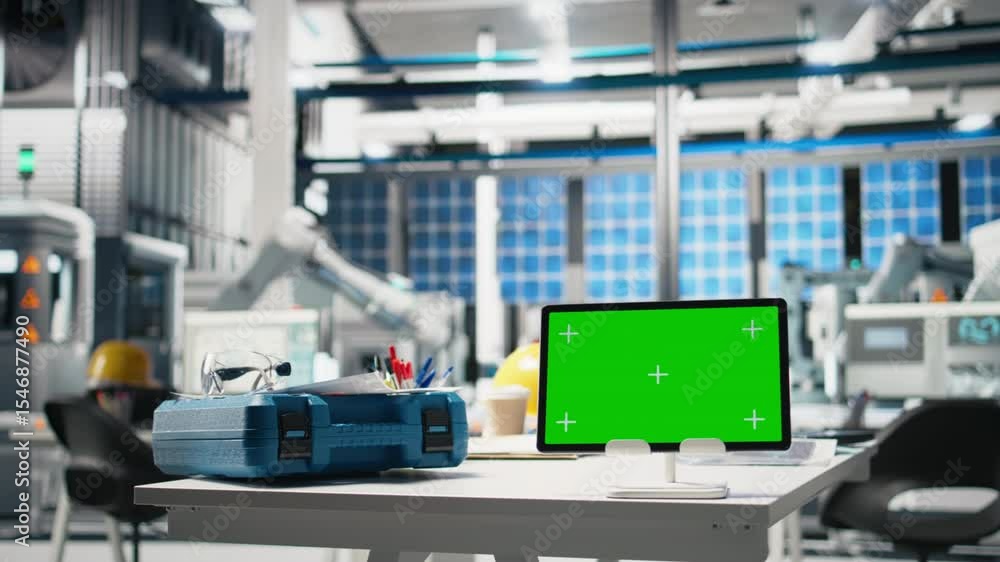 Poster empty desk and workspace with safety glasses and pc display setup in a solar energy facility, where 