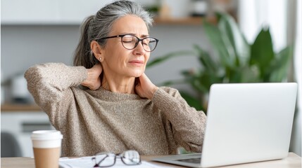 Stressed senior woman with gray hair sitting at a desk in front of a laptop, holding her neck in discomfort, experiencing fatigue or pain while working from home