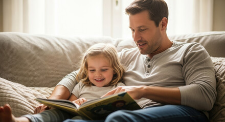 Obraz premium Father daughter reading book together on couch at home learning and bonding happy family lifestyle image