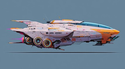 A futuristic spaceship with orange and white accents flying in a blue sky with visible engine details