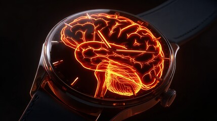 Close up of a watch with a glowing brain inside the face on a black background with a leather strap