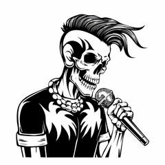 Skull punk singing and holding microphone Vector Image isolated on white background.