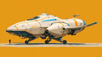 Futuristic spaceship on landing gear with a small figure on a yellow background art illustration