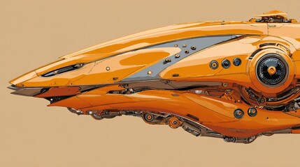 Close up of an orange futuristic space ship with intricate mechanical details and a sleek design