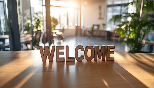 Welcome sign on a desk symbolizes a friendly onboarding process in a modern office