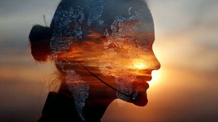 Silhouette of a woman with a world map overlay against a vibrant sunset background with headset