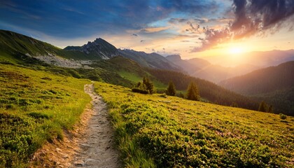 beautiful summer sunset in the mountains with a path and green meadow
