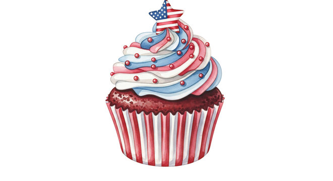 Watercolor illustration of a festive patriotic cupcake adorned with vibrant red, white, and blue frosting, sprinkles, and an American flag star topper. Ideal for 4th of July, Memorial Day, or Labor