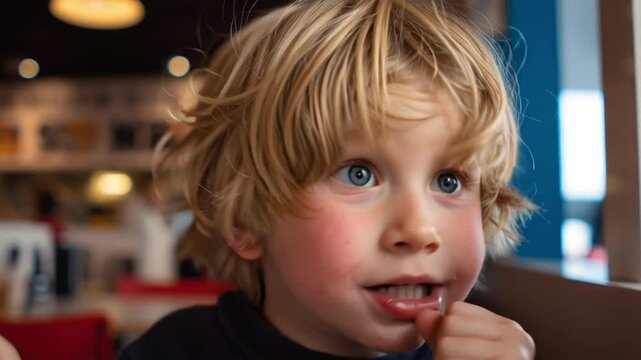 Surprised little boy with blond hair and blue eyes reacting with wide eyes and open mouth indoors. Expression of amazement, curiosity, or shock in a candid moment