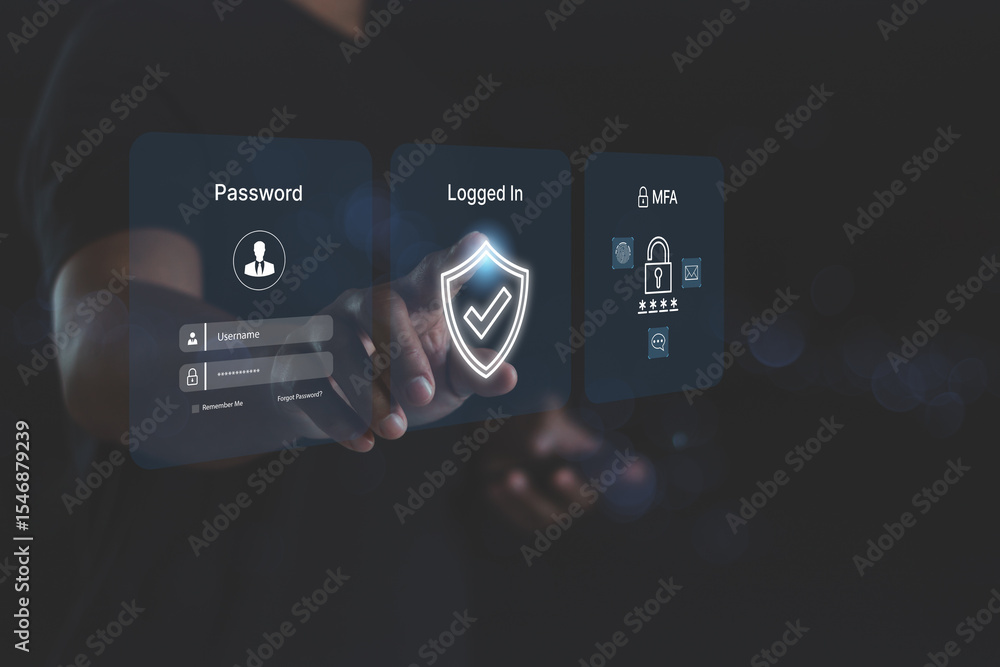 Fototapete Multiple Factor Authentication MFA method uses portable devices to protect data and account for internet data security concept. Businessman finger touching a secure computer technology graphics icon.