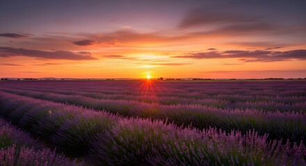 A lavender field at sunset with a colorful sky and rows of flowers in the foreground landscape view