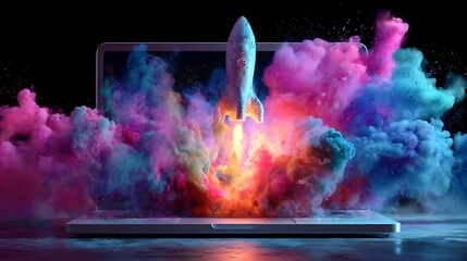 Rocket launch from laptop screen symbolizing technological advancement and startup success
